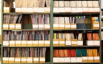 Un aperçu général d'une étagère de bibliothèque contenant des piles de revues