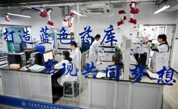 Vu à travers une fenêtre montrant du texte chinois, les chercheurs travaillent en couches de laboratoire dans un laboratoire d'un institut biomédical marin chinois.