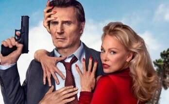 "Le pistolet nu" Affiche partielle avec Liam Neeson et Pamelia Anderson.