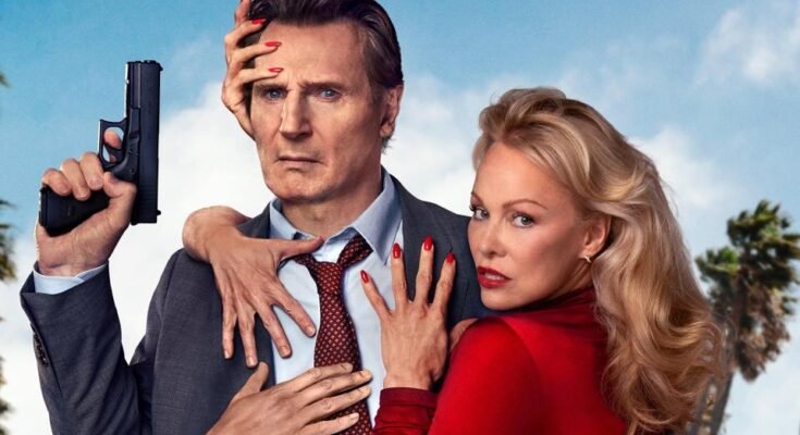 "Le pistolet nu" Affiche partielle avec Liam Neeson et Pamelia Anderson.