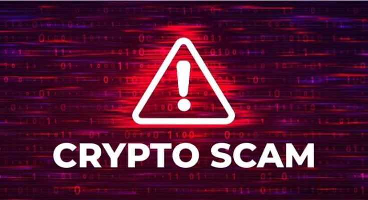 Symbole d'avertissement de l'escroquerie crypto sur fond de code binaire numérique. Cybersécurité et concept de barigage lourds pour la conception