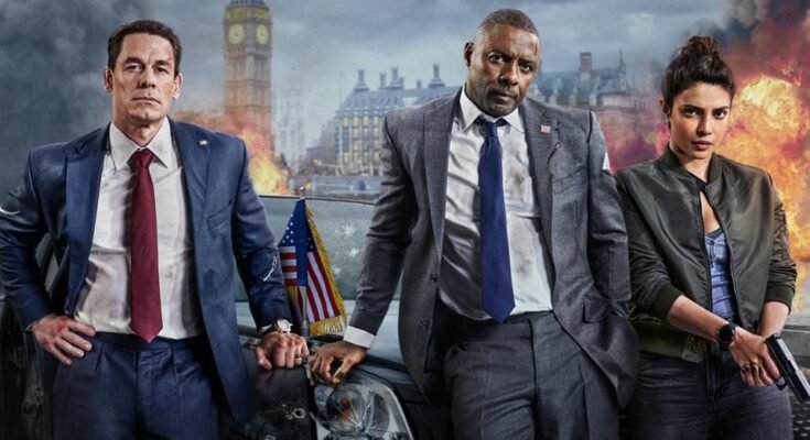 La star de l'Inde Priyanka Chopra Jonas avec Idris Elba et John Cena sur une affiche de la première vidéo originale «State Heads».