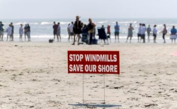 Un panneau rouge qui lit arrête des éoliennes, sauve notre pays installé sur la plage