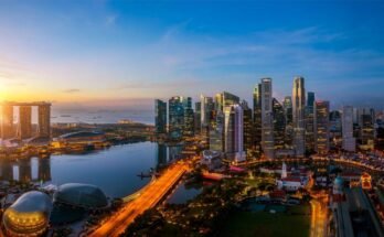 Singapour City et Sunrise Sky in Harbour Side View