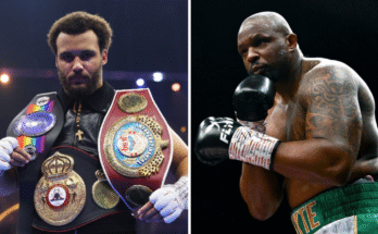 Moses Itauma tient ses poids lourds intercontinentaux WBO, ses titres de poids lourd WBA International et Commonwealth et Dillian Whyte portant des gants de boxe et en tenant la main