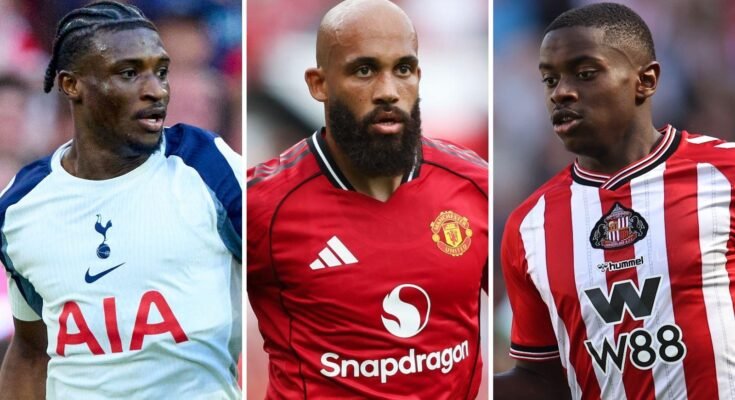 Un triptyque divisé en trois piliers verticaux montrant les kudus Mohammed, Bryan Mbeumo et Habib Diarra en action pour Tottenham Hotspur, Manchester United et Sunderland respectivement. Kudus porte une chemise blanche, Mbeumo en rouge et diarrhée en rayures verticales rouges et blanches