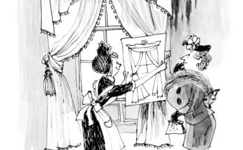 Une illustration d'une femme dans une jeune fille qui maintient un dessin de rideaux pour montrer son patron devant les rideaux réels.