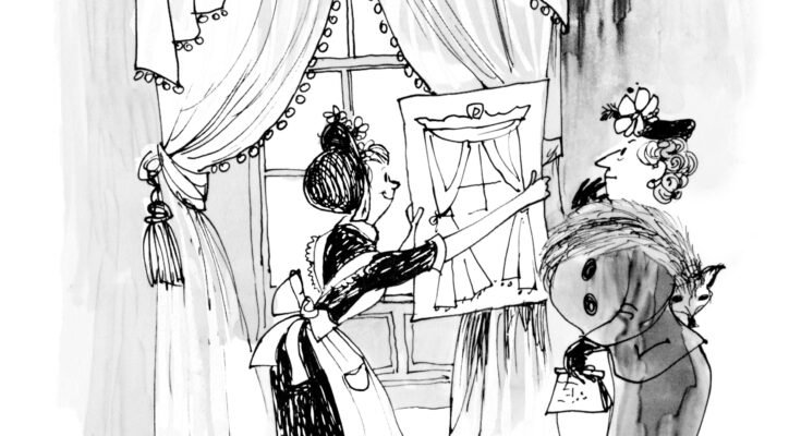 Une illustration d'une femme dans une jeune fille qui maintient un dessin de rideaux pour montrer son patron devant les rideaux réels.