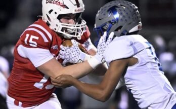 Michael Glover de Wilson prend un pass Madyx Gruber 19 mètres à Cedar Crest 21 dans un match de quart de finale 6A du district 3 au stade John Gurski vendredi 8 novembre 2024. (Bill Uhrich / Reading Eagle)