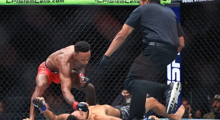 CHICAGO, Illinois - 16 août: Un juge court pour arrêter un match tandis que Lerone Murphy d'Angleterre bat Aaron Pico des États-Unis lors de leur match de poids plume à l'UFC 319 au United Center le 16 août 2025 à Chicago, Illinois. (Photo de Geoff Stellfox / Getty Images)