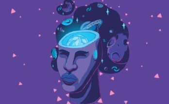 Une illustration d'une tête de statue avec un crâne ouvert et une sphère bleue brillante à l'intérieur et un nuage de planètes et d'étoiles et de triangles flottant autour