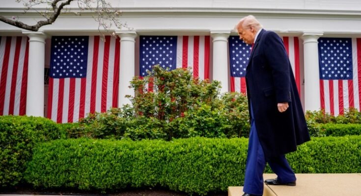 Donald Trump descend quelques pas de la Maison Blanche montrant un certain nombre de drapeaux américains derrière lui