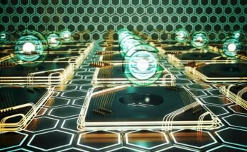 Qubits informatiques quantiques disposés dans une grille qui se trouve sur un fond éclairé hexagonal.