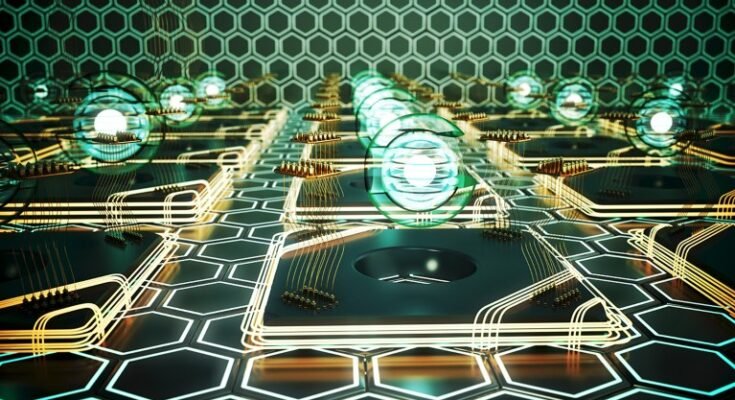 Qubits informatiques quantiques disposés dans une grille qui se trouve sur un fond éclairé hexagonal.