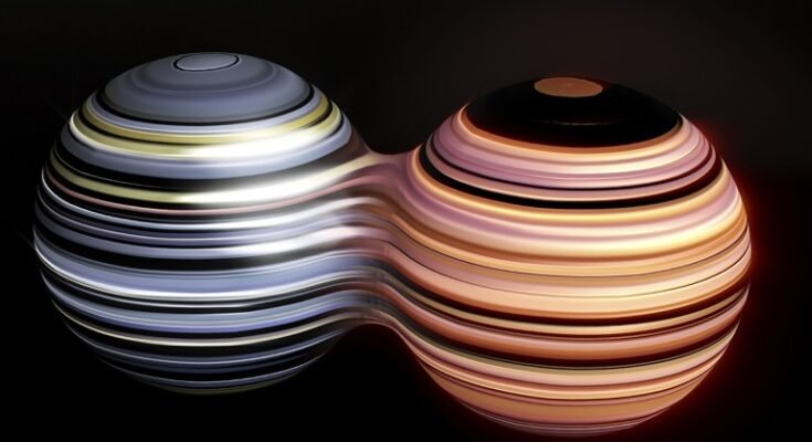 Illustration conceptuelle d'un majorana -fermion, qui est également son propre antiparticule, représenté comme deux jonction d'orbes.