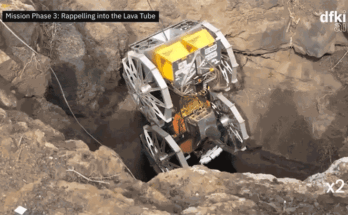 Séquence animée montrant Robotic Wheed Rover, qui rapporte dans une lave.